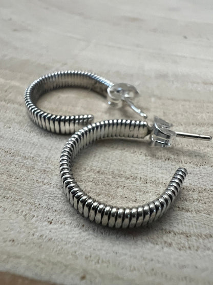 Elaine Tahe Navajo Sterling Silver Hoop Earrings — 5/8" × 1/8" (Listing #1)