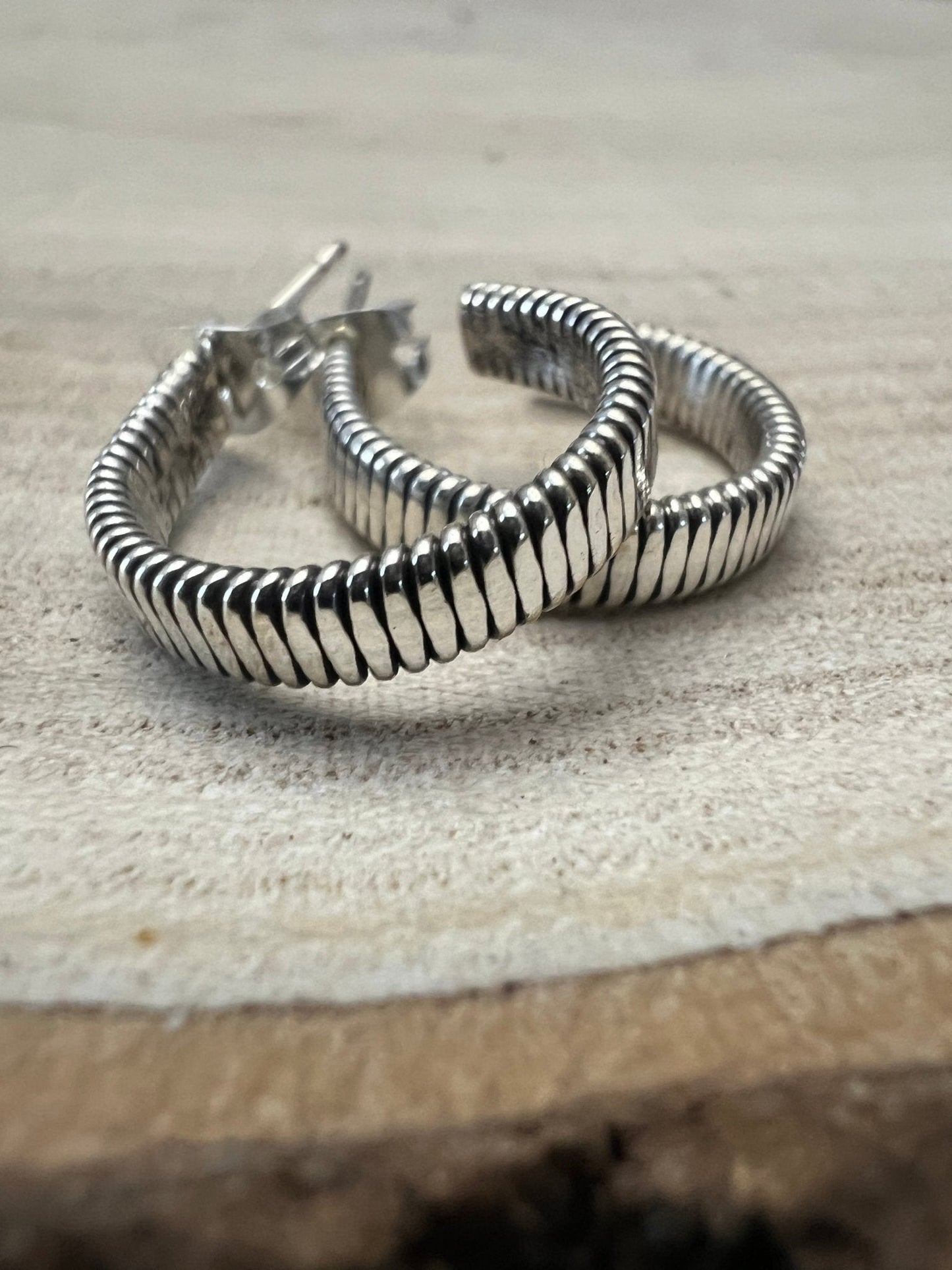 Elaine Tahe Navajo Sterling Silver Hoop Earrings — 5/8" × 1/8" (Listing #1)