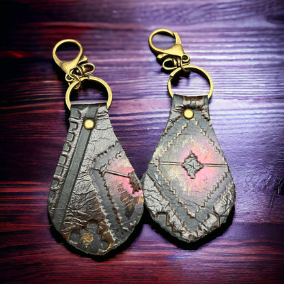 Western Embossed Leather Key Chain — Magenta Navajo Print (Handmade in Texas)
