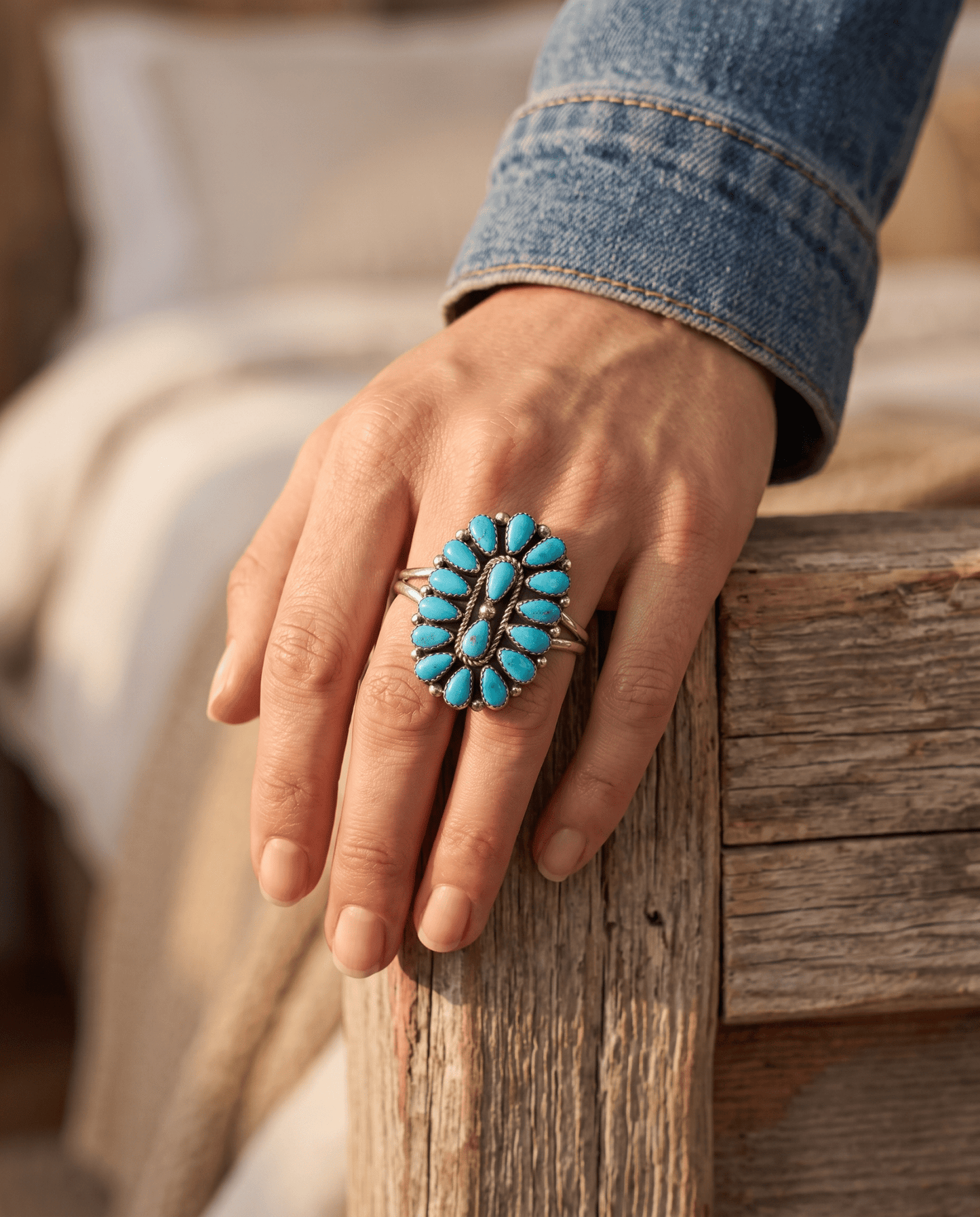 Eunise Wilson Navajo Sterling Silver Ring with Turquoise — Size 8 (Hallmark EJW)