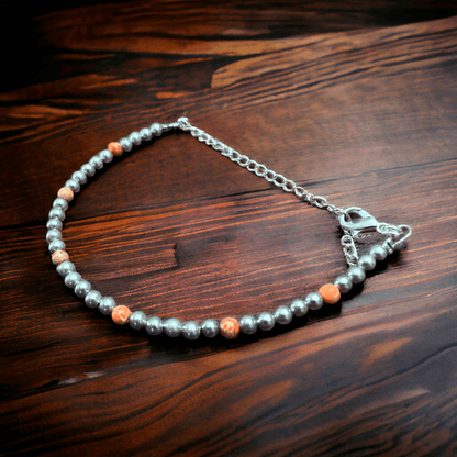 Faux Pearl & Orange Magnesite Western Bracelet — Silver Plated with Extender