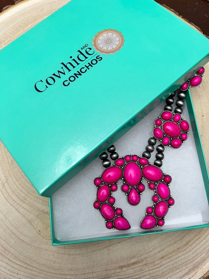 Faux Pink Squash Blossom Necklace on Double Strand Pearls -  18 inch necklace