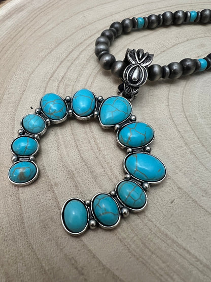 Western Faux Naja Pearl Squash Blossom Necklace — 27 Inch Southwestern Statement
