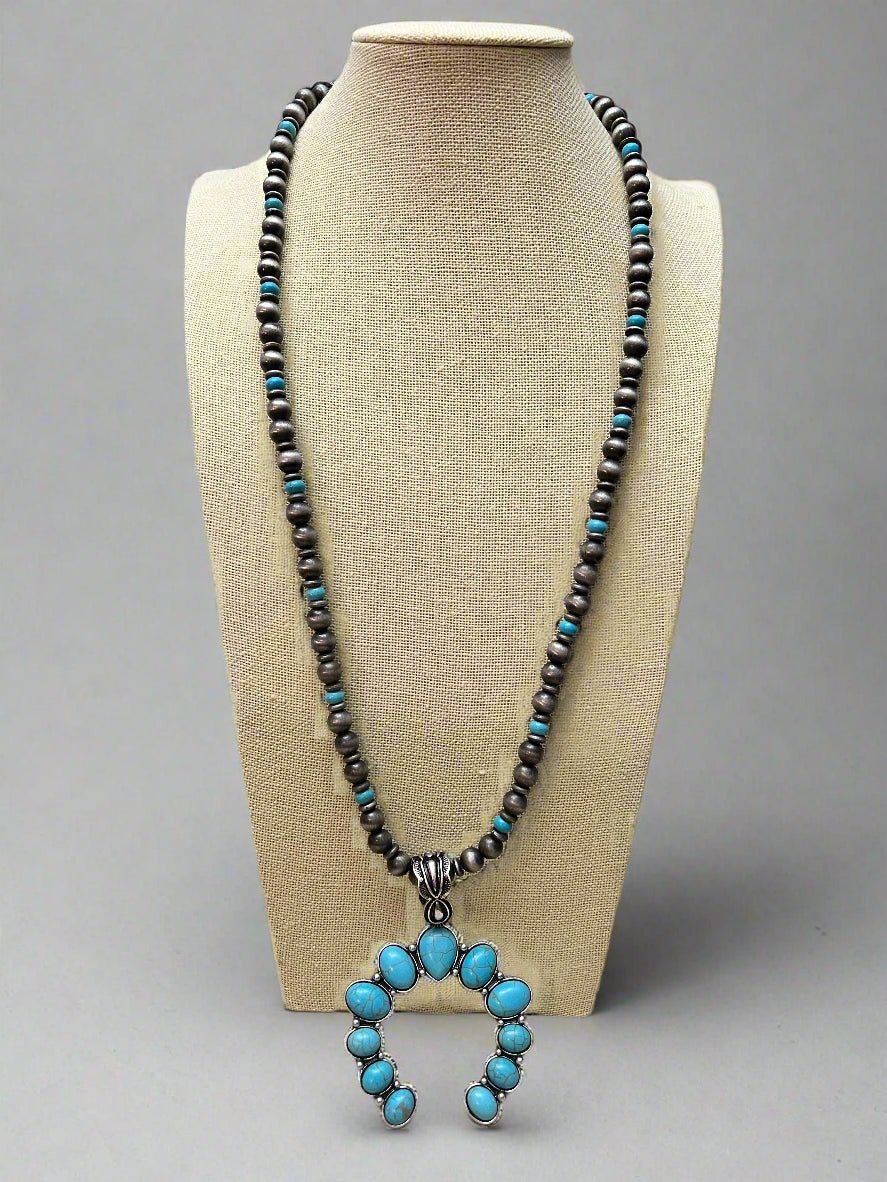 Western Faux Naja Pearl Squash Blossom Necklace — 27 Inch Southwestern Statement