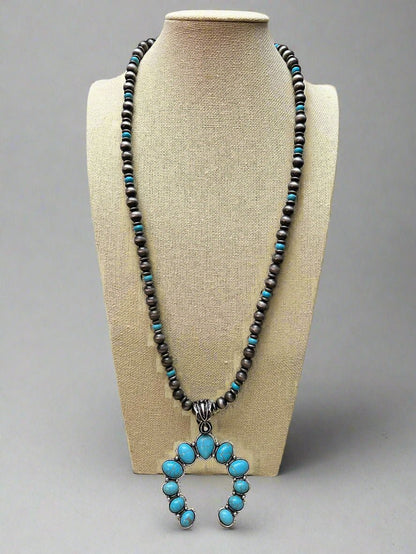 Western Faux Naja Pearl Squash Blossom Necklace — 27 Inch Southwestern Statement