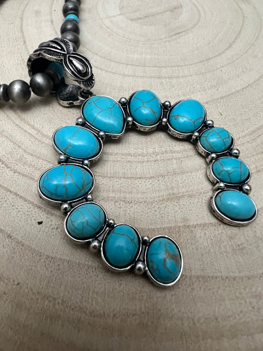 Western Faux Naja Pearl Squash Blossom Necklace — 27 Inch Southwestern Statement
