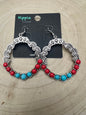 Western Faux Turquoise & Coral Hoop Earrings — 1¾" Drop Southwestern Style