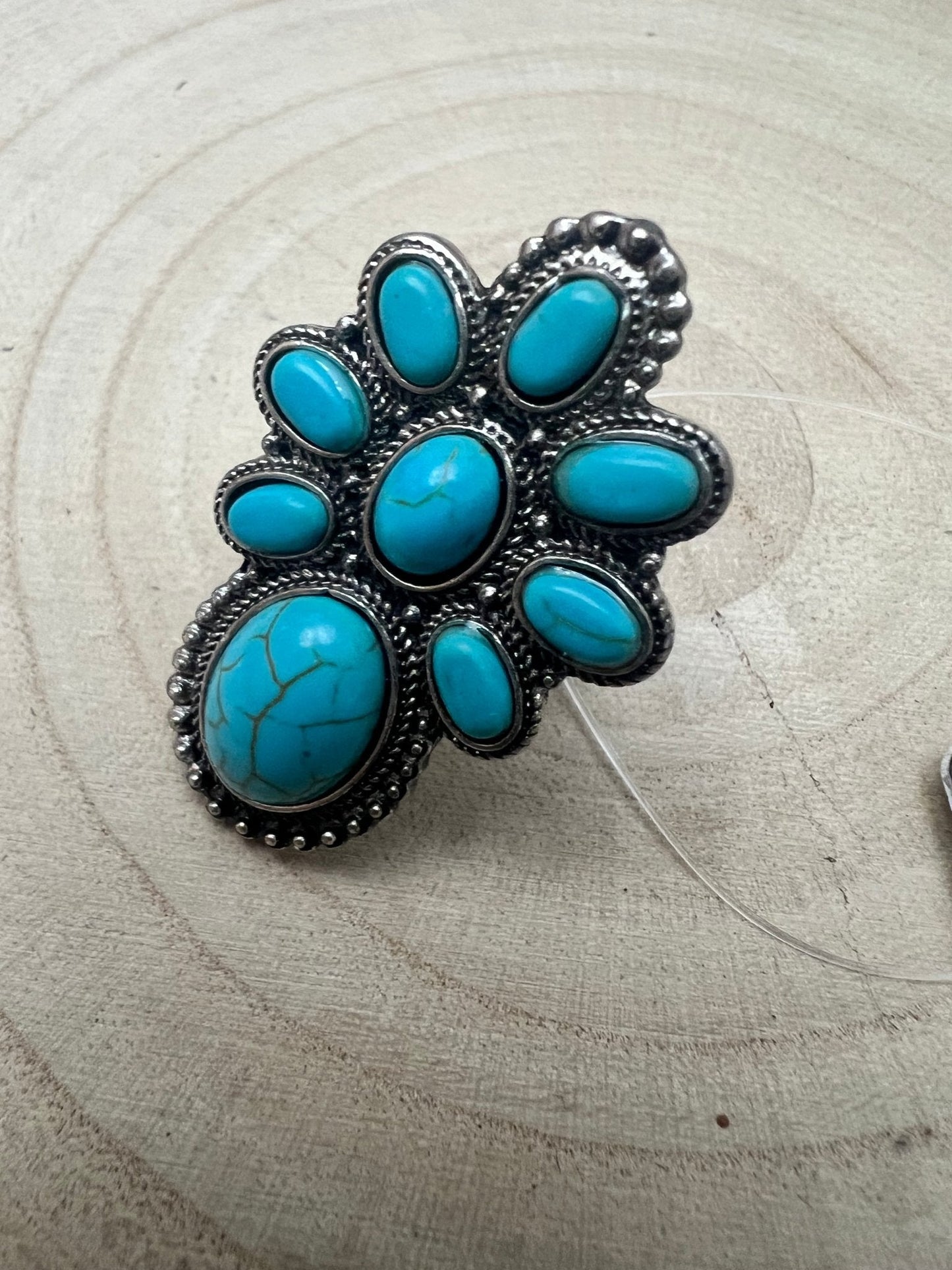 Western Faux Turquoise Cluster Adjustable Cuff Ring — Statement Size