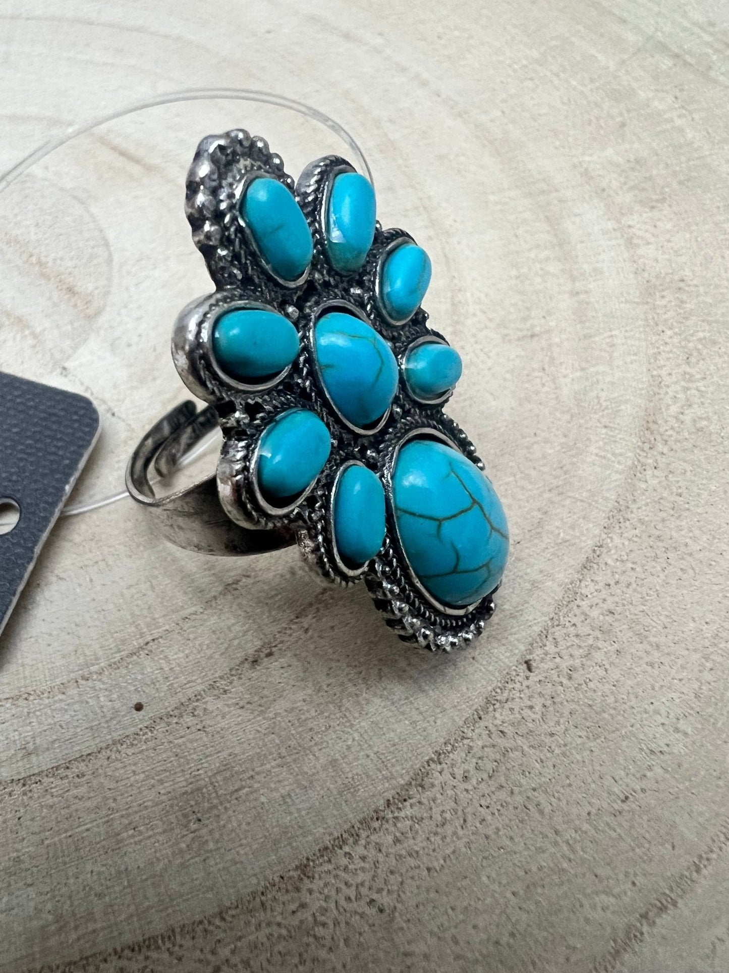 Western Faux Turquoise Cluster Adjustable Cuff Ring — Statement Size