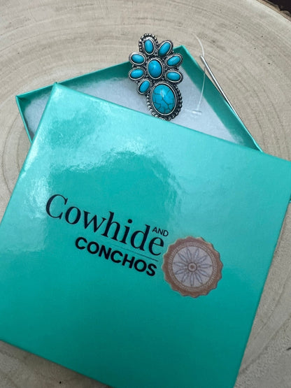 Western Faux Turquoise Cluster Adjustable Cuff Ring — Statement Size