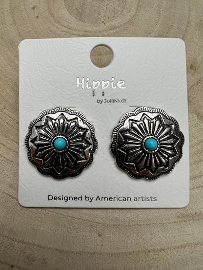 Western Faux Turquoise Concho Post Earrings — Petite 3/4" Drop