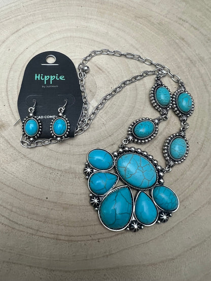 Faux Turquoise Squash Blossom and Earring Set - 18 inch necklace