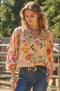Oddi Floral Printed Long Sleeve Western Blouse — Soft Taupe with Shirring Detail & Tie Front (small remaining)