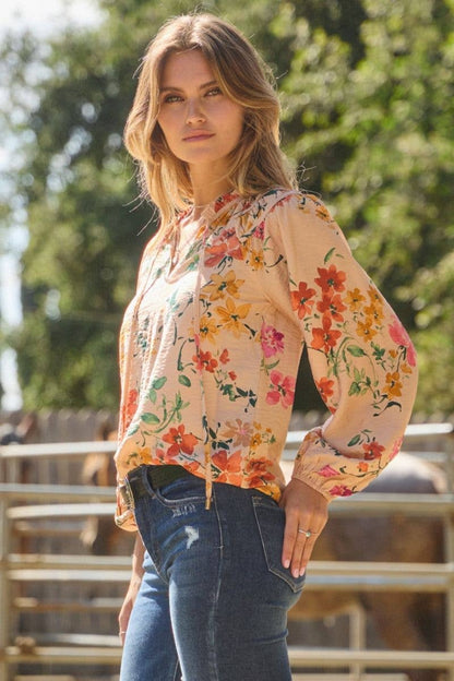 Oddi Floral Printed Long Sleeve Western Blouse — Soft Taupe with Shirring Detail & Tie Front (small remaining)