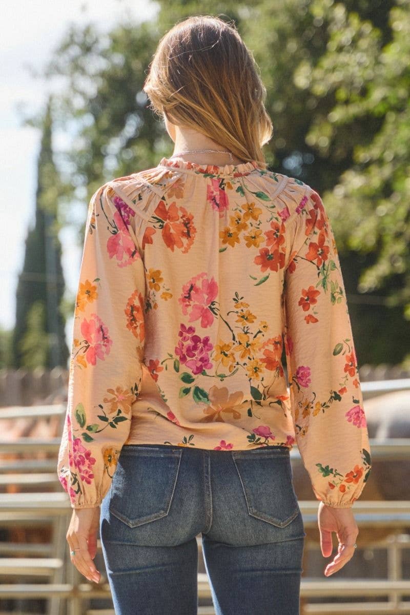 Oddi Floral Printed Long Sleeve Western Blouse — Soft Taupe with Shirring Detail & Tie Front (small remaining)