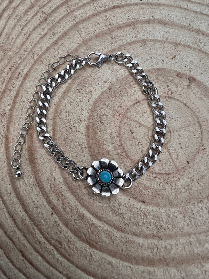Western Flower & Faux Turquoise Cuban Chain Bracelet — with Extender