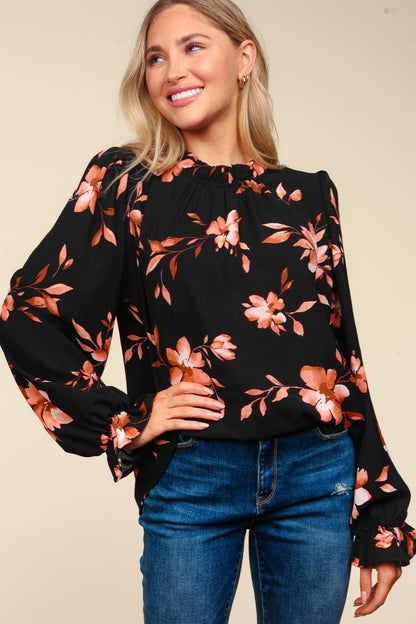 Haptics Floral Frilled Mock Neck Western Blouse — Bubble Long Sleeve Woven Top (small and medium remaining)