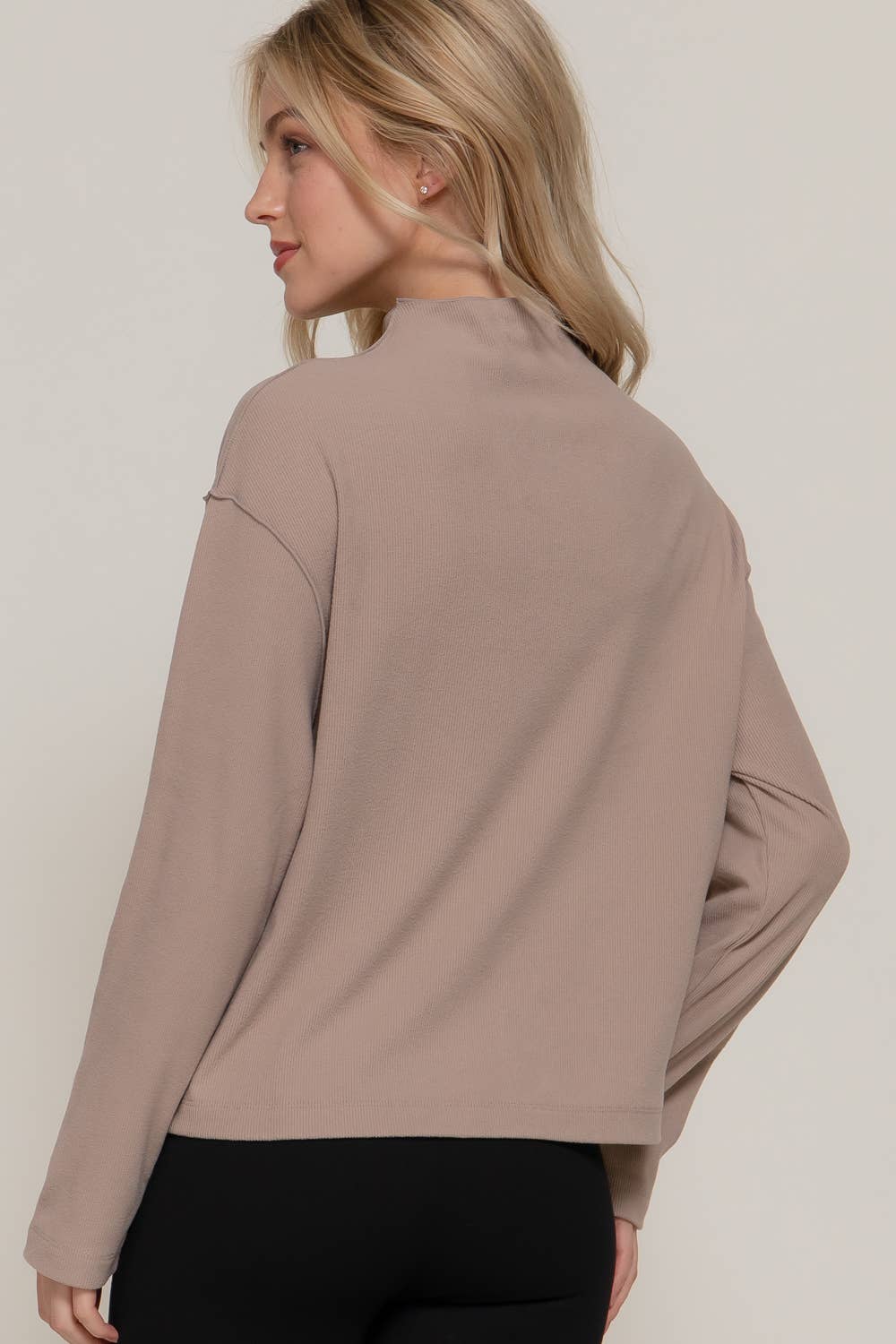 Active Basic "Frontier" Brushed Rib Mock Neck Western Top — Visible Overlocked Seams (Mushroom or White)