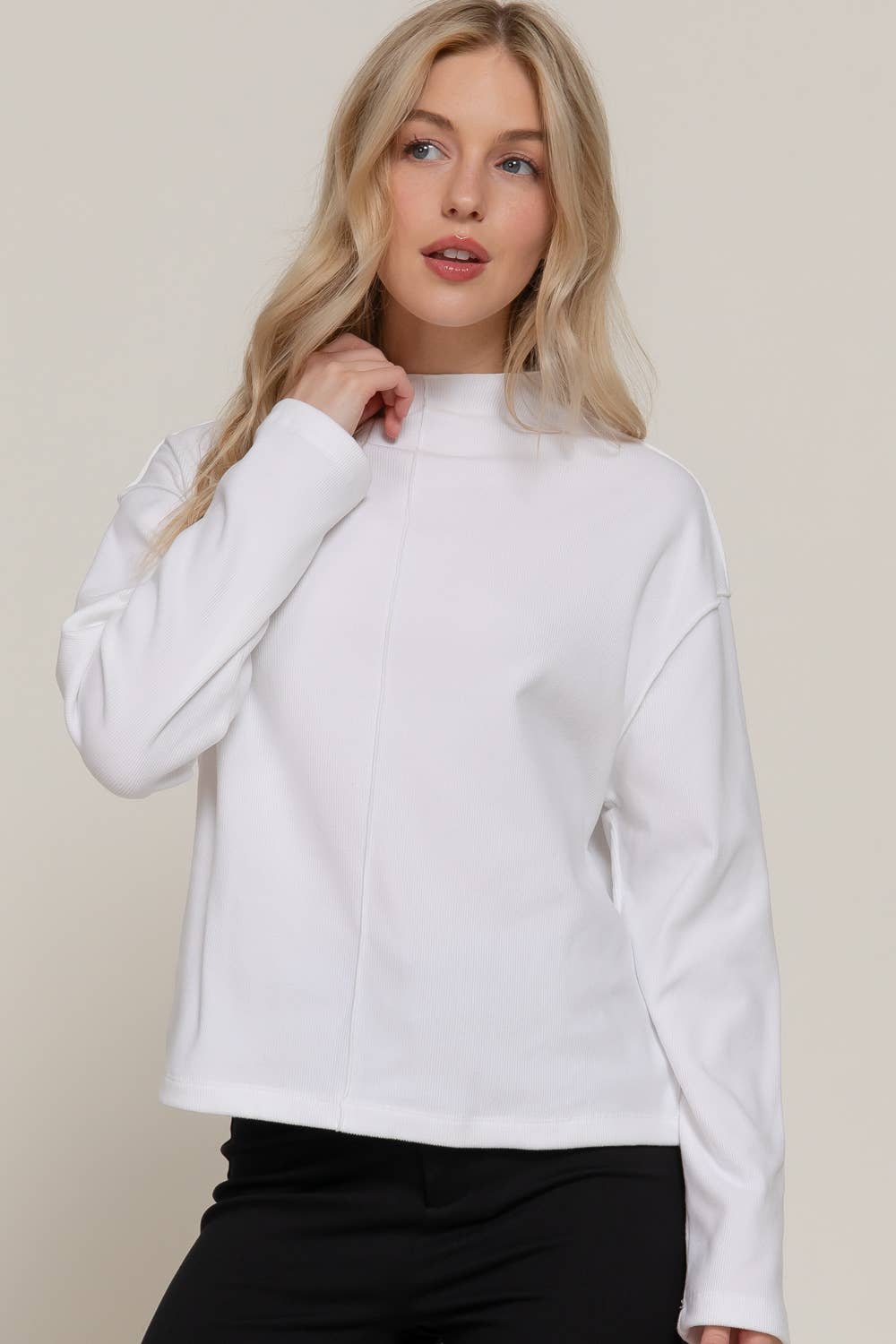 Active Basic "Frontier" Brushed Rib Mock Neck Western Top — Visible Overlocked Seams (Mushroom or White)