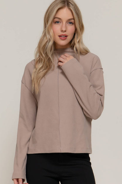 Active Basic "Frontier" Brushed Rib Mock Neck Western Top — Visible Overlocked Seams (Mushroom or White)