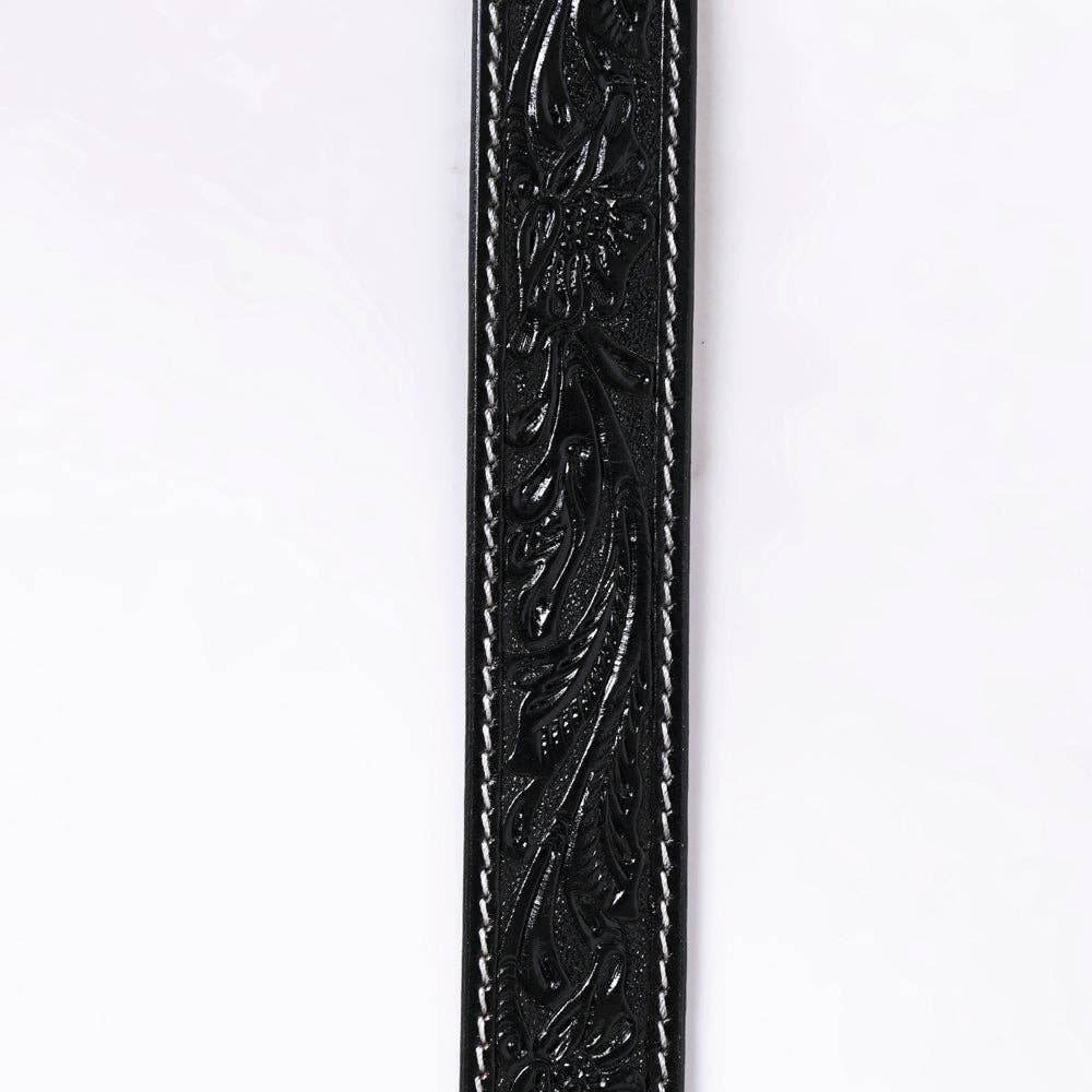 Genuine American Hand-Tooled Leather Belt — Western Unisex Black Belt with Removable Buckle