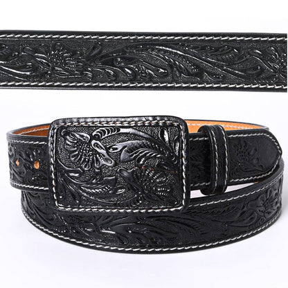 Genuine American Hand-Tooled Leather Belt — Western Unisex Black Belt with Removable Buckle