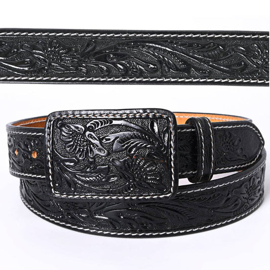 Genuine American Hand-Tooled Leather Belt — Western Unisex Black Belt with Removable Buckle