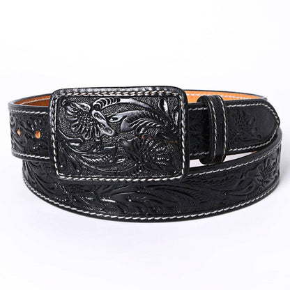 Genuine American Hand-Tooled Leather Belt — Western Unisex Black Belt with Removable Buckle