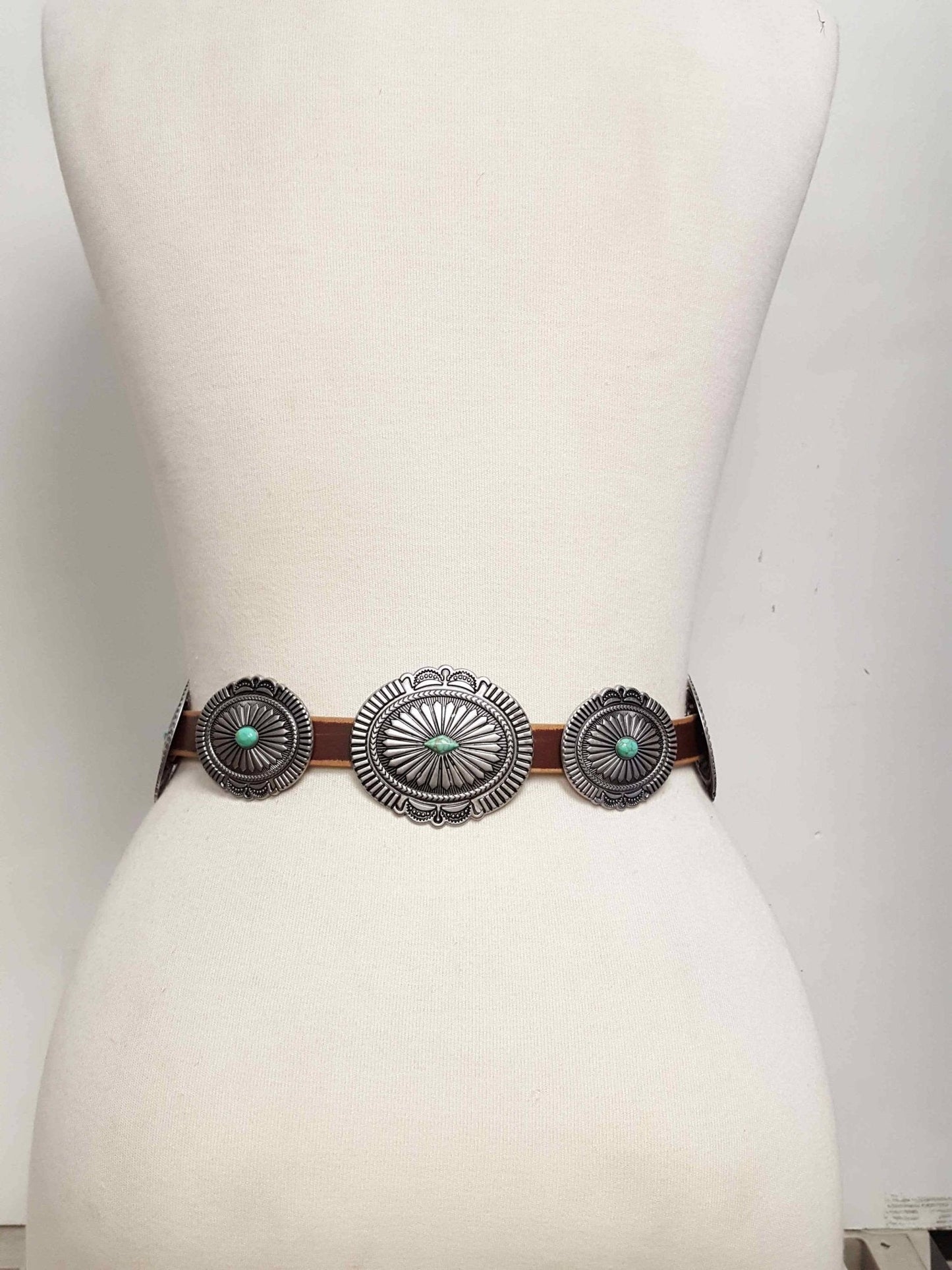 Genuine Distressed Leather Western Concho Belt with Faux Turquoise Stone Buckle