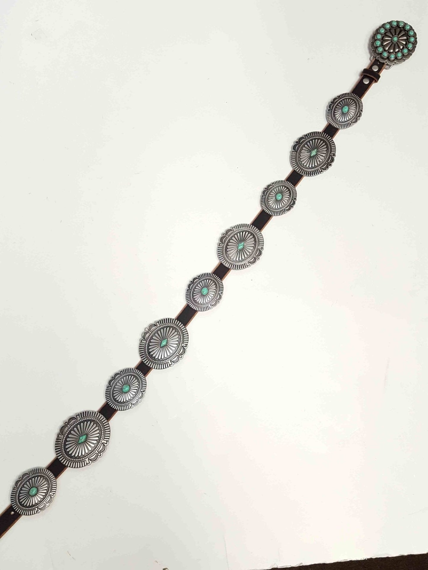 Genuine Distressed Leather Western Concho Belt with Faux Turquoise Stone Buckle