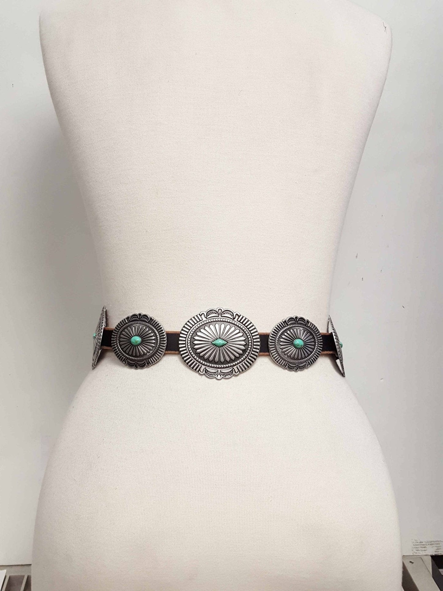 Genuine Distressed Leather Western Concho Belt with Faux Turquoise Stone Buckle