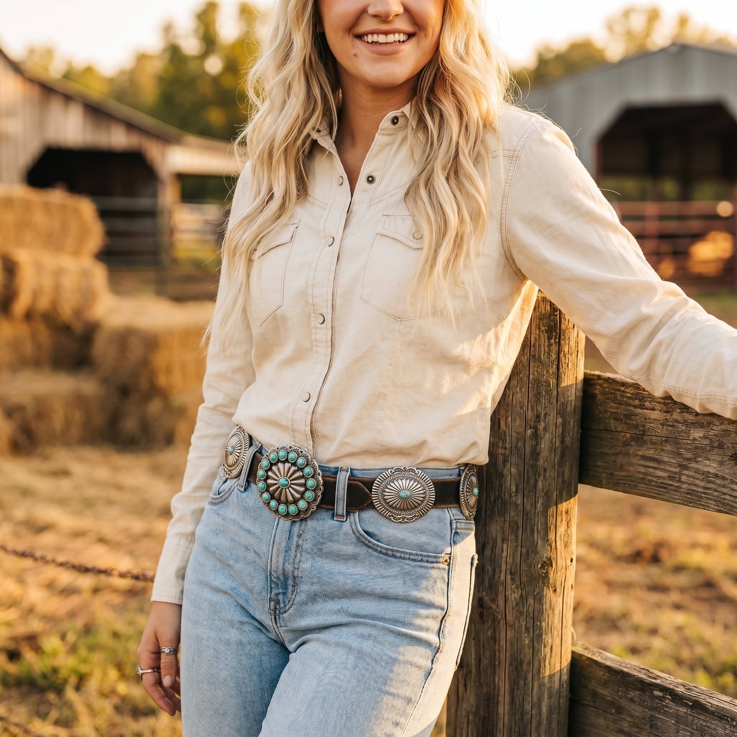 Genuine Distressed Leather Western Concho Belt with Faux Turquoise Stone Buckle