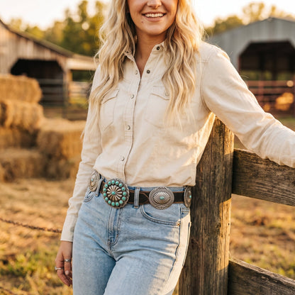 Genuine Distressed Leather Western Concho Belt with Faux Turquoise Stone Buckle