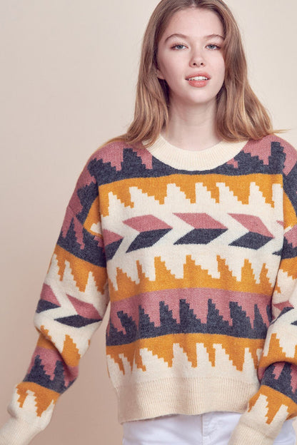 &Merci Geometric Fair Isle Western Sweater — Crew Neck in Cream, Indigo, Mauve & Mustard Mid-Weight Knit