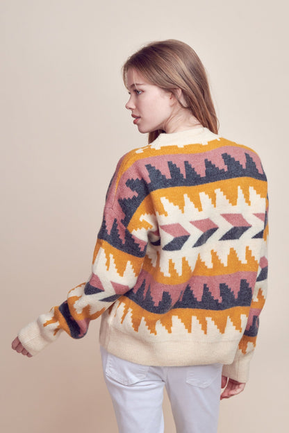 &Merci Geometric Fair Isle Western Sweater — Crew Neck in Cream, Indigo, Mauve & Mustard Mid-Weight Knit
