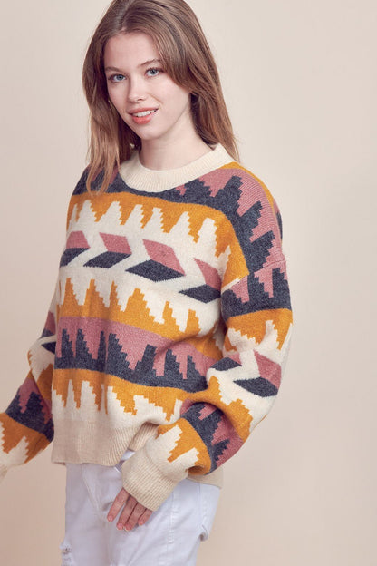 &Merci Geometric Fair Isle Western Sweater — Crew Neck in Cream, Indigo, Mauve & Mustard Mid-Weight Knit