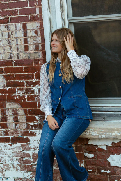 Blue B "Gold Rush" Button Denim Western Vest — Medium-Wash with Gold Shank Buttons & Side Welt Pockets