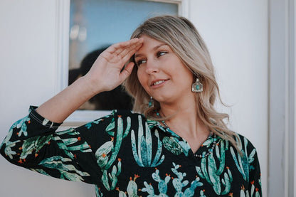 LUCKY & BLESSED "Green Cactus Bulgari" V-Neck Collared Western Top — 3/4 Sleeve Wrinkle-Free Loose Fit