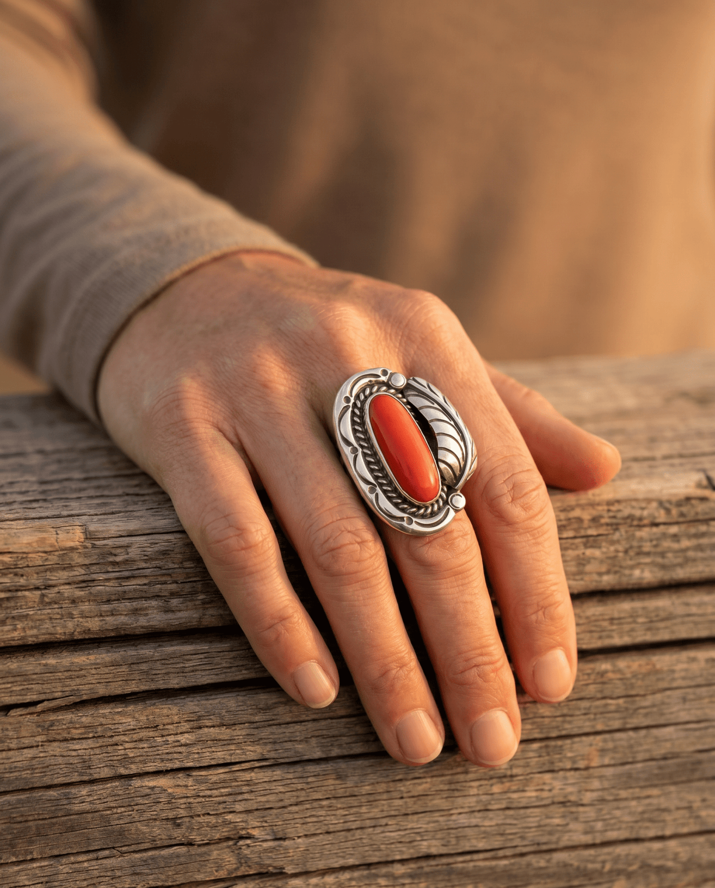 Hallmark LJ Sterling Silver Coral Ring with Leaf Detail — Size 6.5 (Vintage Native American)