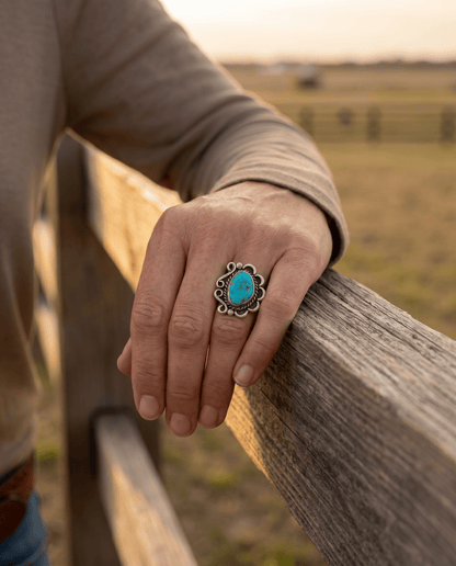 Hand-Stamped Sterling Silver Turquoise Cabochon Ring — Hallmark RJ, Size 7 (Vintage Native American)