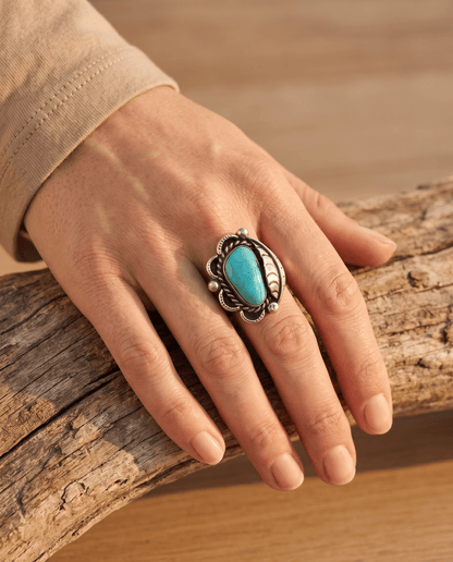 Hand-Stamped Sterling Silver Turquoise Cabochon Ring with Leaf Detail — Size 7