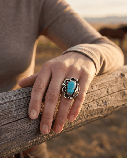 Hand-Stamped Sterling Silver Turquoise Cabochon Ring with Leaf Detail — Size 7