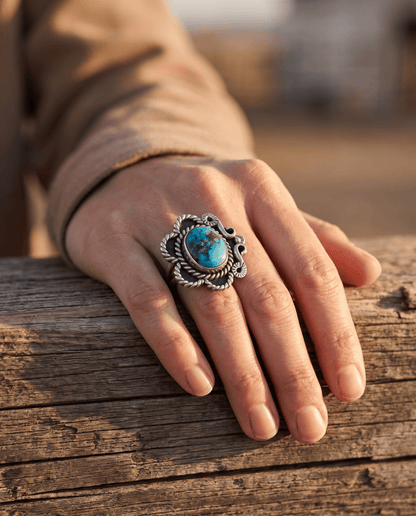 Hand-Stamped Sterling Silver Turquoise Ring — Size 5 (Native-Style)