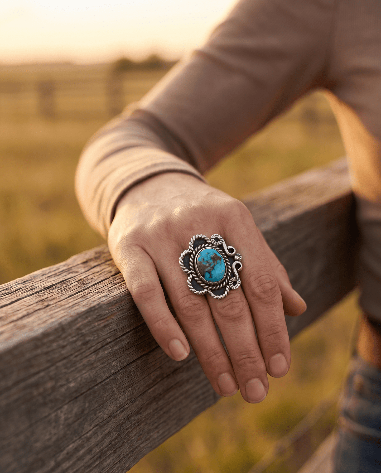 Hand-Stamped Sterling Silver Turquoise Ring — Size 5 (Native-Style)