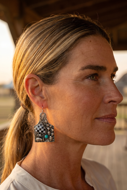 Western Cattle Tag, Armadillo & Spade Earrings with Checker Detail — 1½" Drop