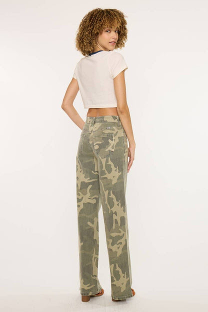 Kan Can High-Rise Camo Wide-Leg Western Jeans — Non-Distressed Comfort Stretch Denim with 32" Inseam