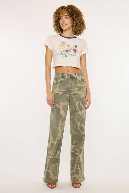 Kan Can High-Rise Camo Wide-Leg Western Jeans — Non-Distressed Comfort Stretch Denim with 32" Inseam