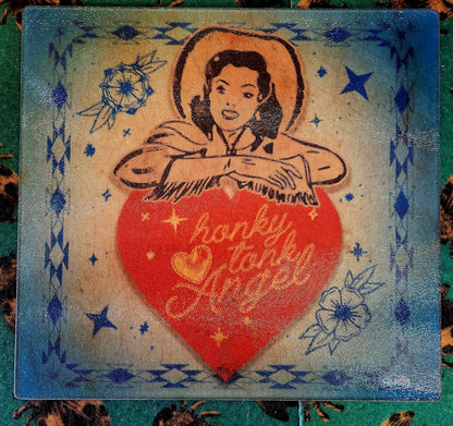 Honky Tonk Angel Glass Cutting Board / Charcuterie / Trivet — 12" Square Tempered
