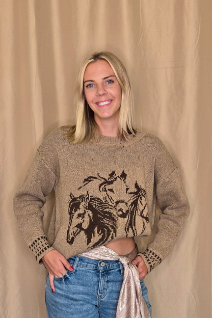 Blu Pepper Horse Jacquard Western Long Sleeve Knit Sweater — Wool Blend with Detailed Horse Pattern (charcoal medium remains)