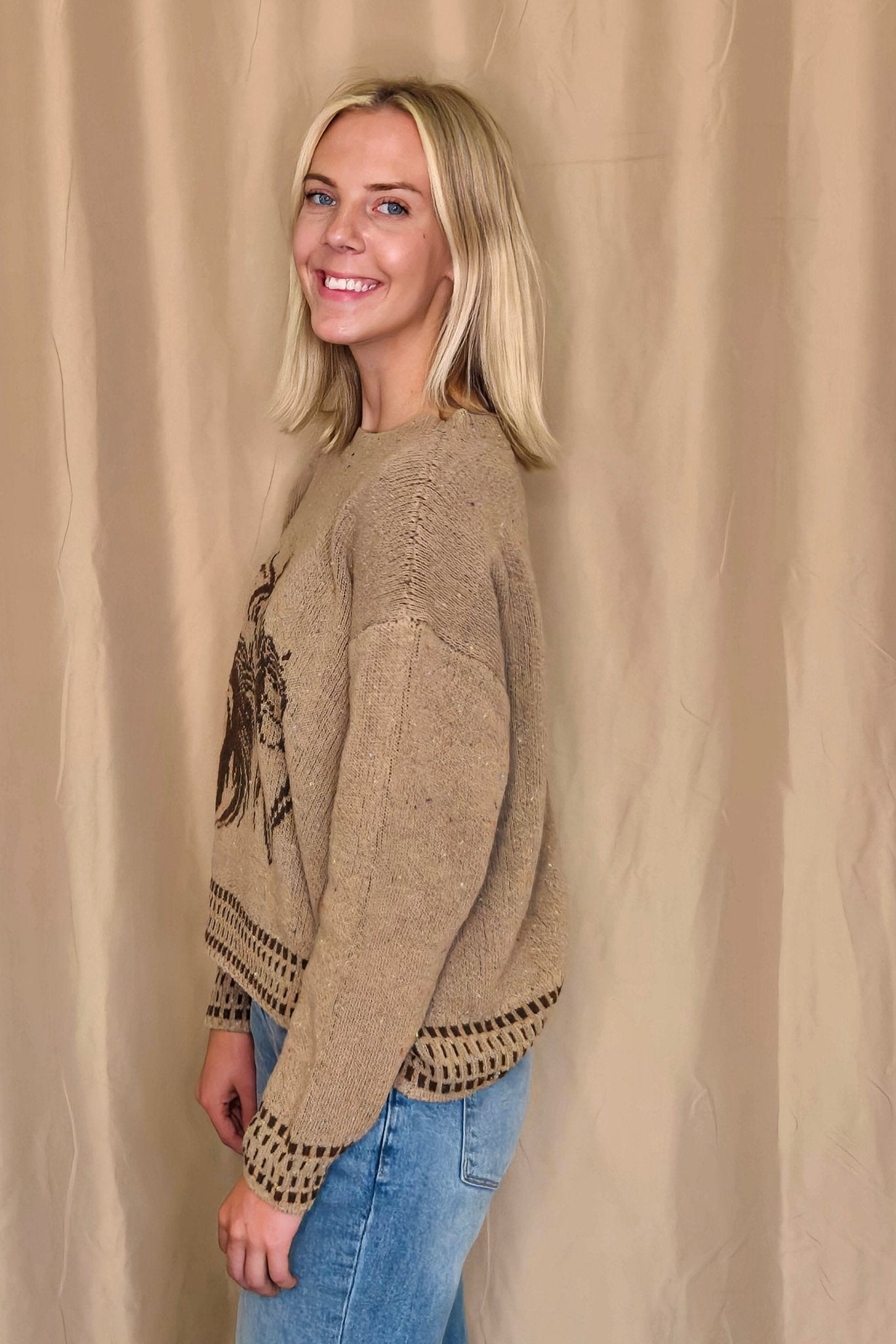 Blu Pepper Horse Jacquard Western Long Sleeve Knit Sweater — Wool Blend with Detailed Horse Pattern (charcoal medium remains)